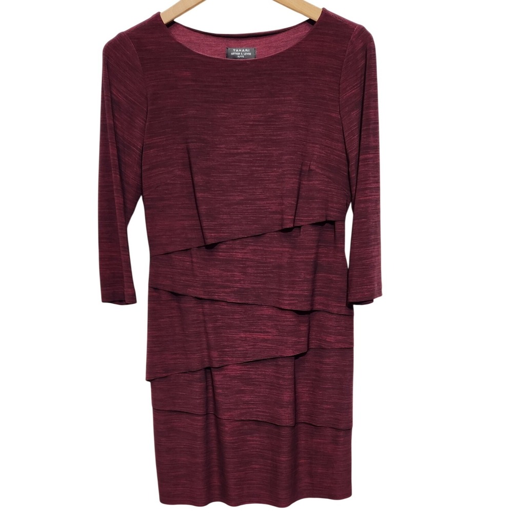 Tahari Arthur S Levine Tiered Sheath Dress Burgundy Space Dye 8P Womens Petite